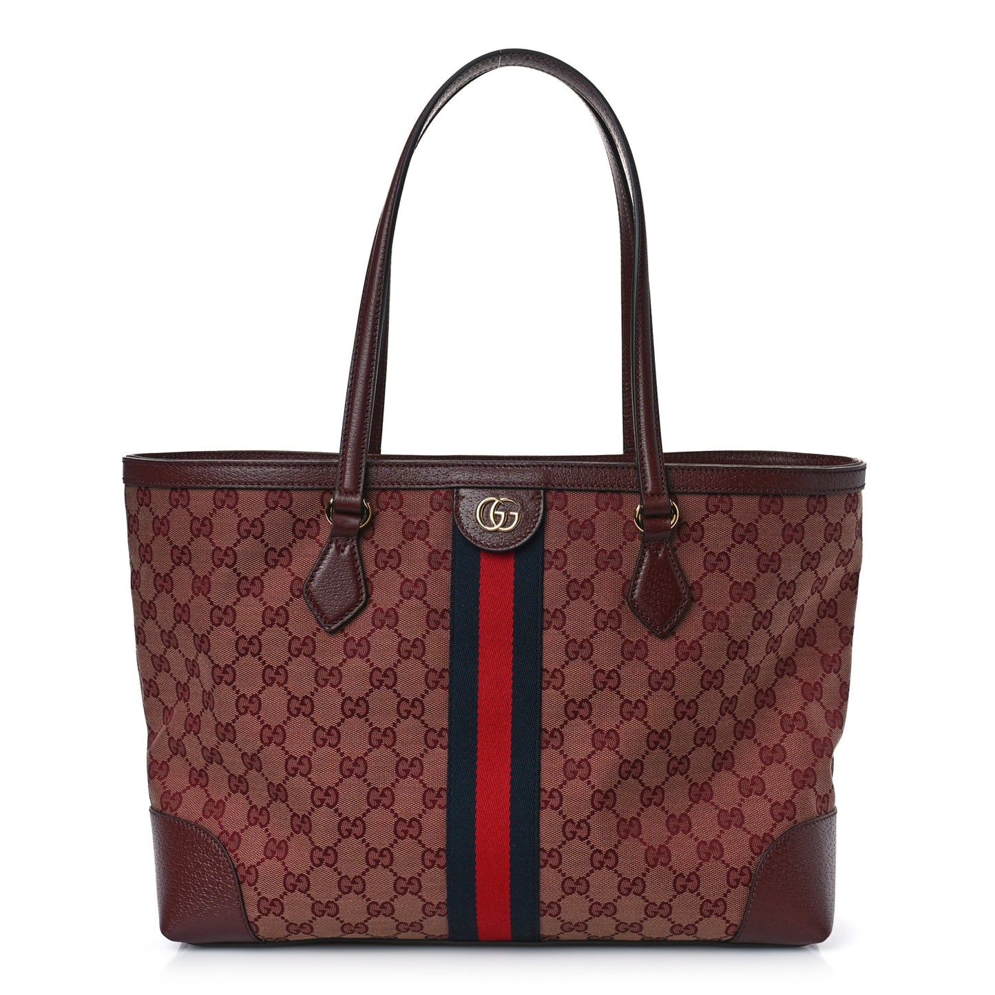 Monogram Textured Dollar Calfskin Web Medium Ophidia Shopping Tote Sahara Rubino Chardonnay