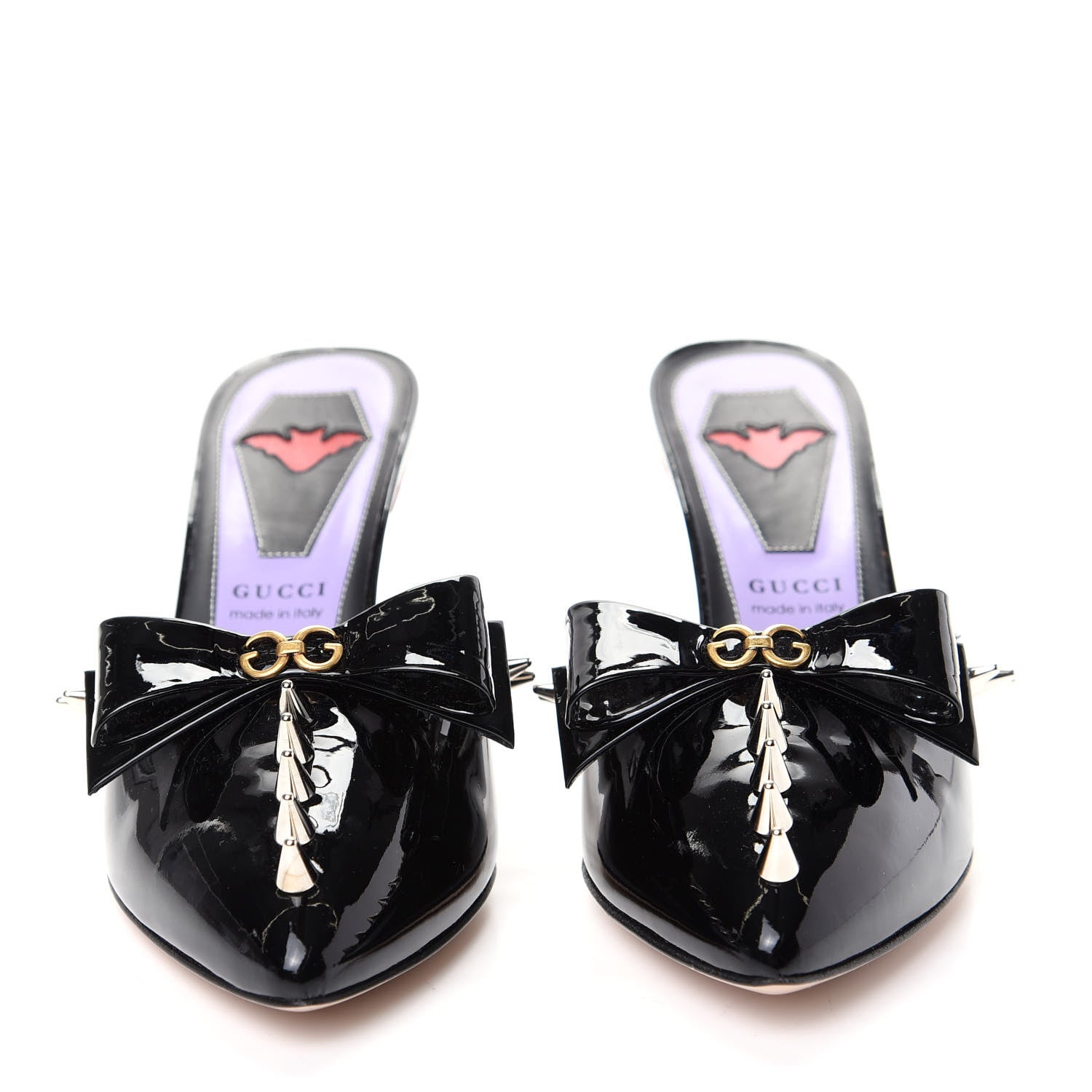 Gucci Patent GG Bow Sadie Spike Mid Heel Mules 36.5 Black 2 of 9