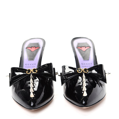 Gucci Patent GG Bow Sadie Spike Mid Heel Mules 36.5 Black 2 of 9