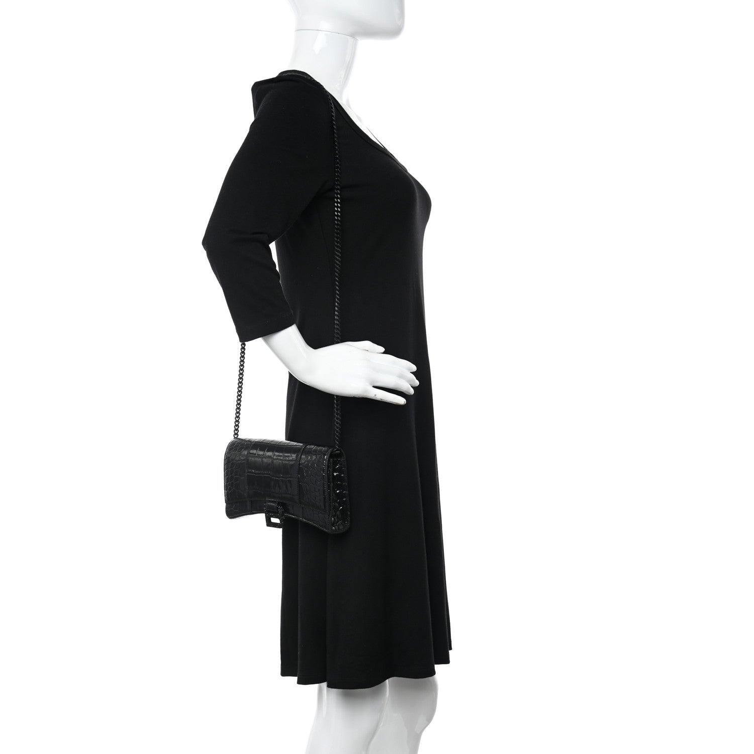 Balenciaga Shiny Calfskin Monochrome Crocodile Embossed Hourglass Chain Bag Black 2 of 9