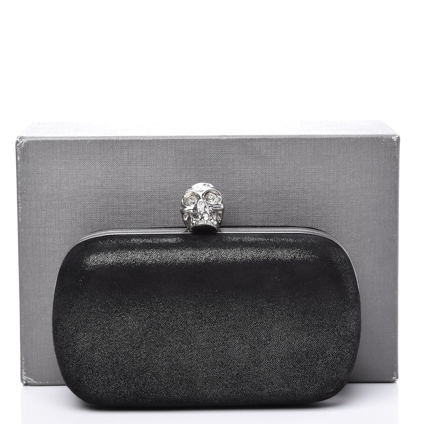 Metallic Suede Skull Box Clutch Black