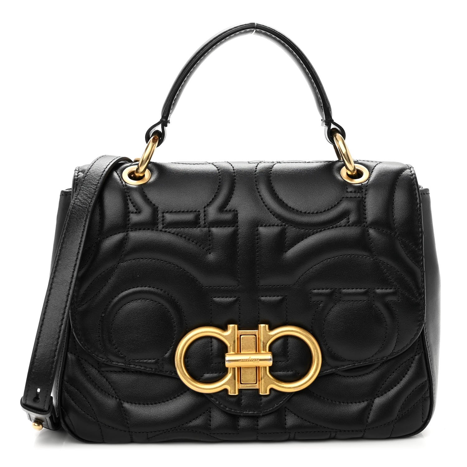 Salvatore Ferragamo Calfskin Quilted Gancini Small Top Handle Flap Bag Black 1 of 9