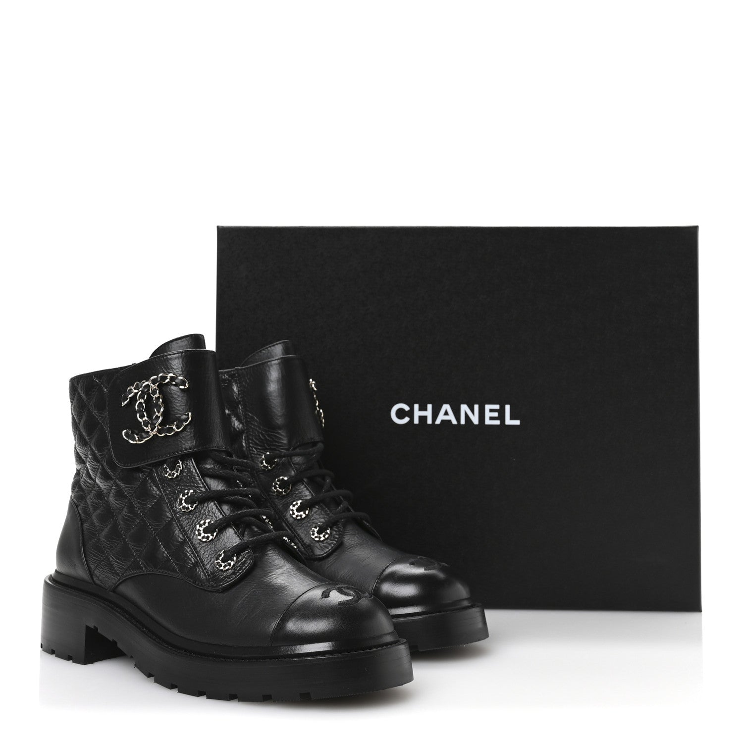 Chanel Shiny Goatskin Calfskin Quilted Lace Up Combat Boots 39 Black 9 of 9