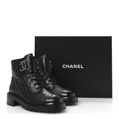 Chanel Shiny Goatskin Calfskin Quilted Lace Up Combat Boots 39 Black 9 of 9