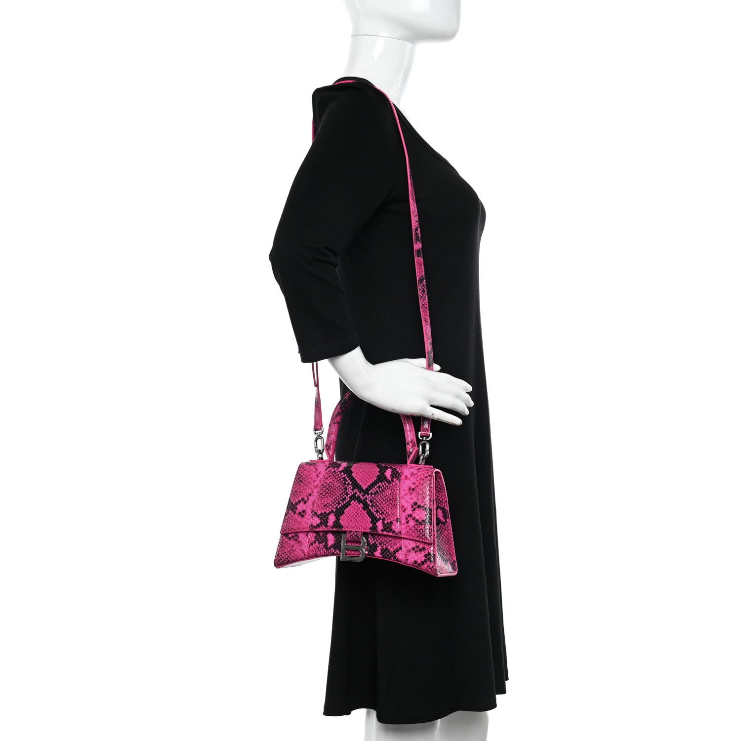 Balenciaga Shiny Calfskin Python Effect Small Hourglass Top Handle Bag Fuchsia Black 2 of 10