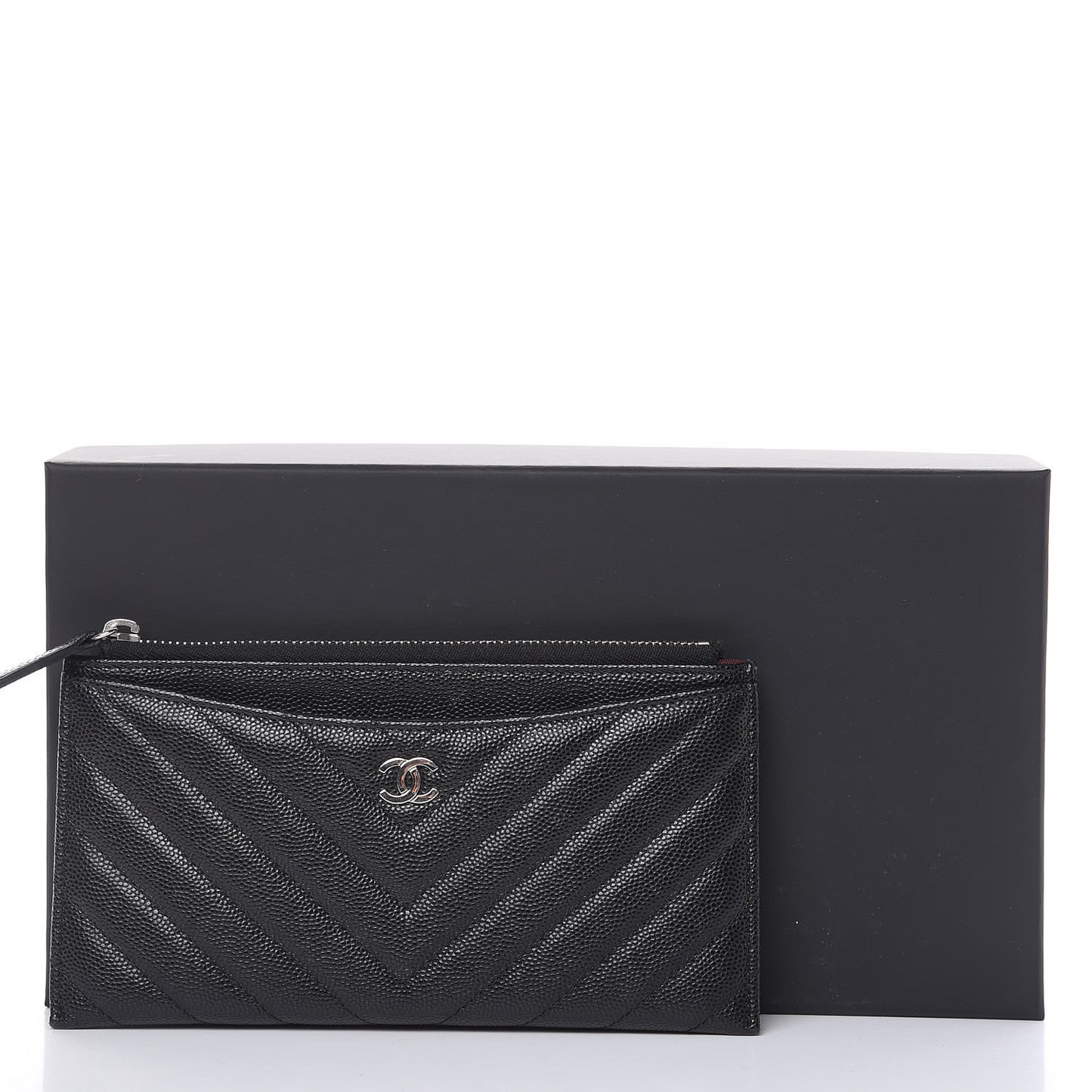Caviar Chevron Quilted Zip Pouch Black
