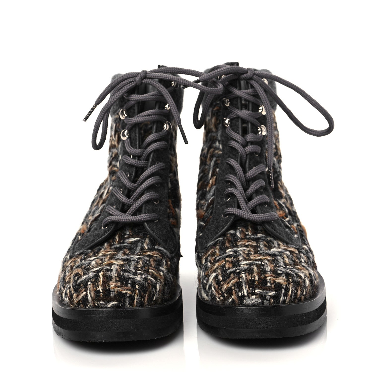 Chanel Tweed Lace Up Short Boots 38 Green Brown Black 2 of 7