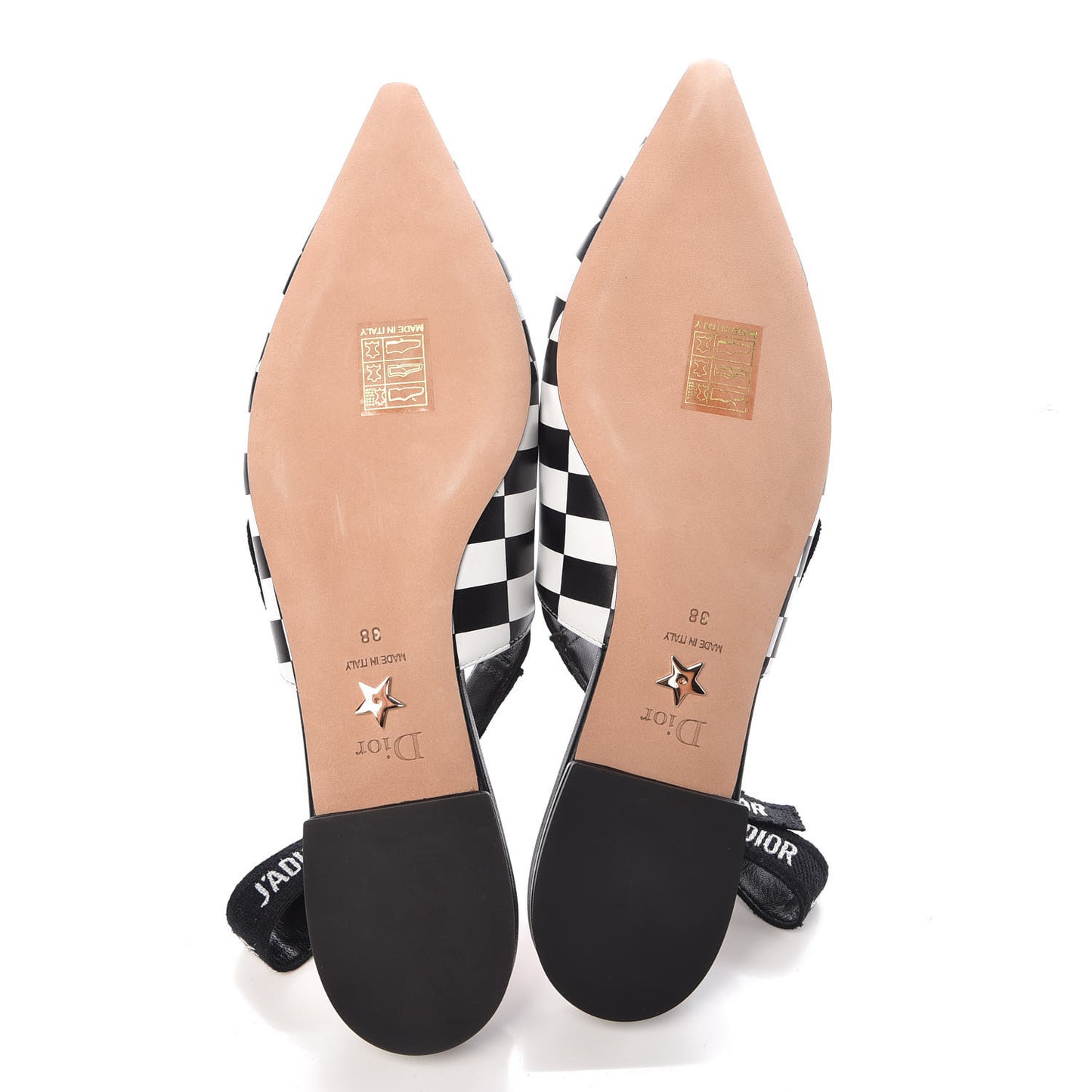 Calfskin Ribbon Checker Print J'Adior Slingback Ballet Flats 38 Black White