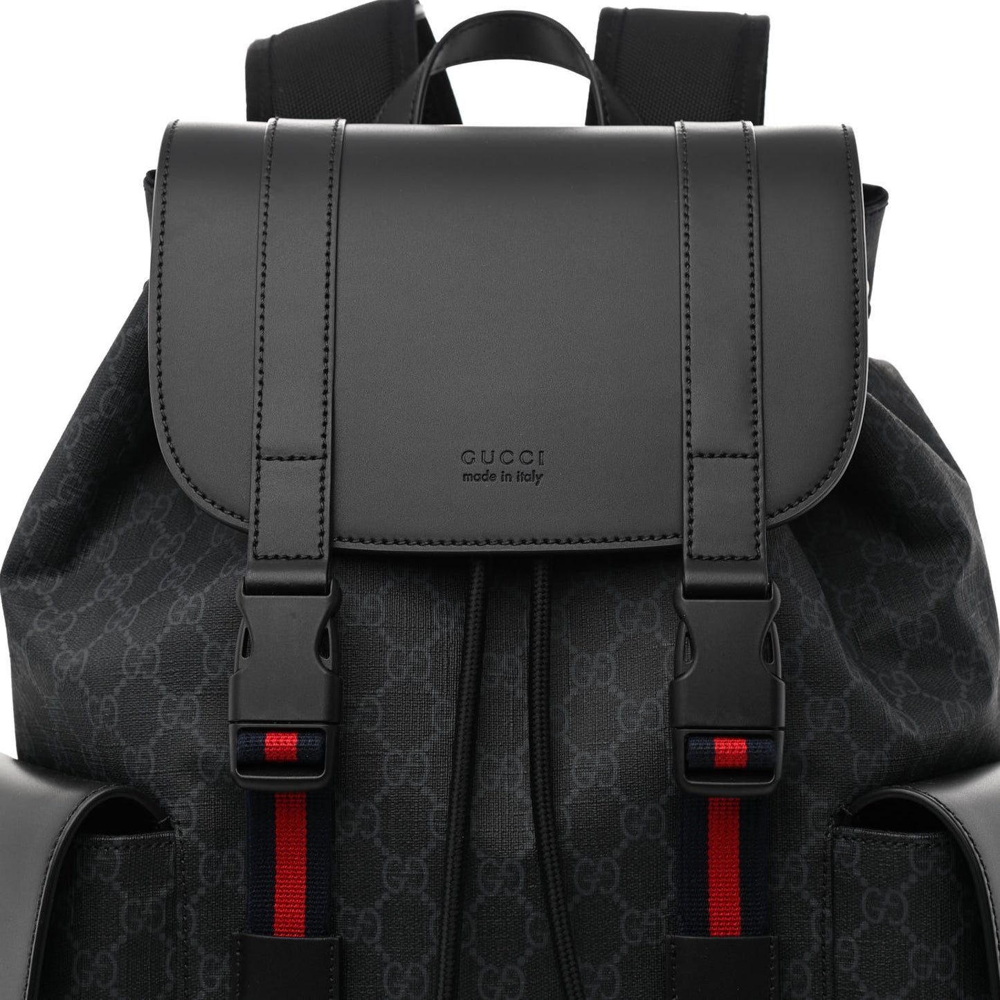 Soft GG Supreme Monogram Appia Calfskin Web Double Buckle Backpack Black