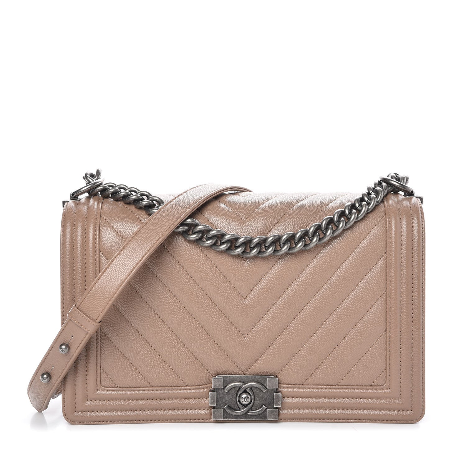 Caviar Chevron New Medium Boy Flap Dark Beige