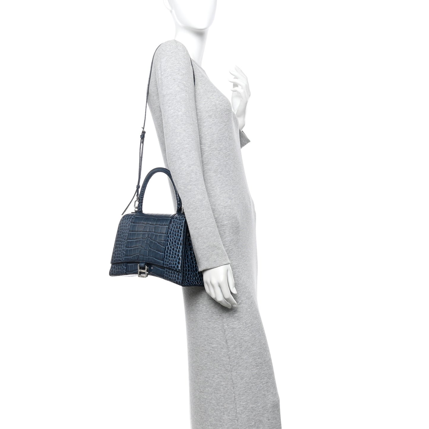 Shiny Calfskin Crocodile Embossed Medium Hourglass Top Handle Bag Denim Blue