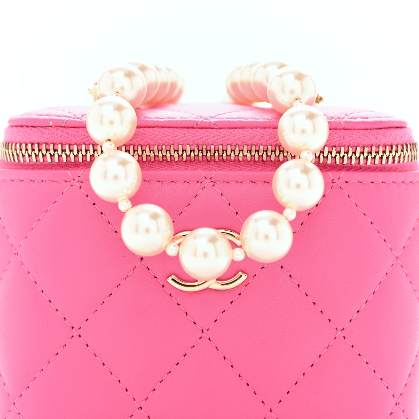 Lambskin Quilted Mini Vanity Case With Pearl Chain Pink
