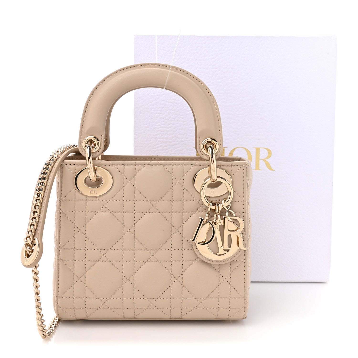 Christian Dior Lambskin Cannage Mini Lady Dior Powder Beige