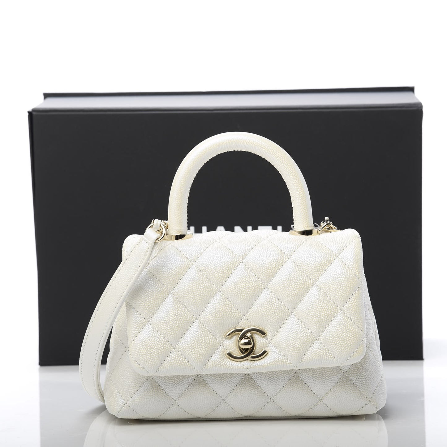 Iridescent Caviar Quilted Extra Mini Coco Handle Flap Ivory