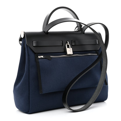 Hermes Military Toile Vache Hunter Herbag Zip Retourne 31 PM Bleu Marine Black 4 of 14