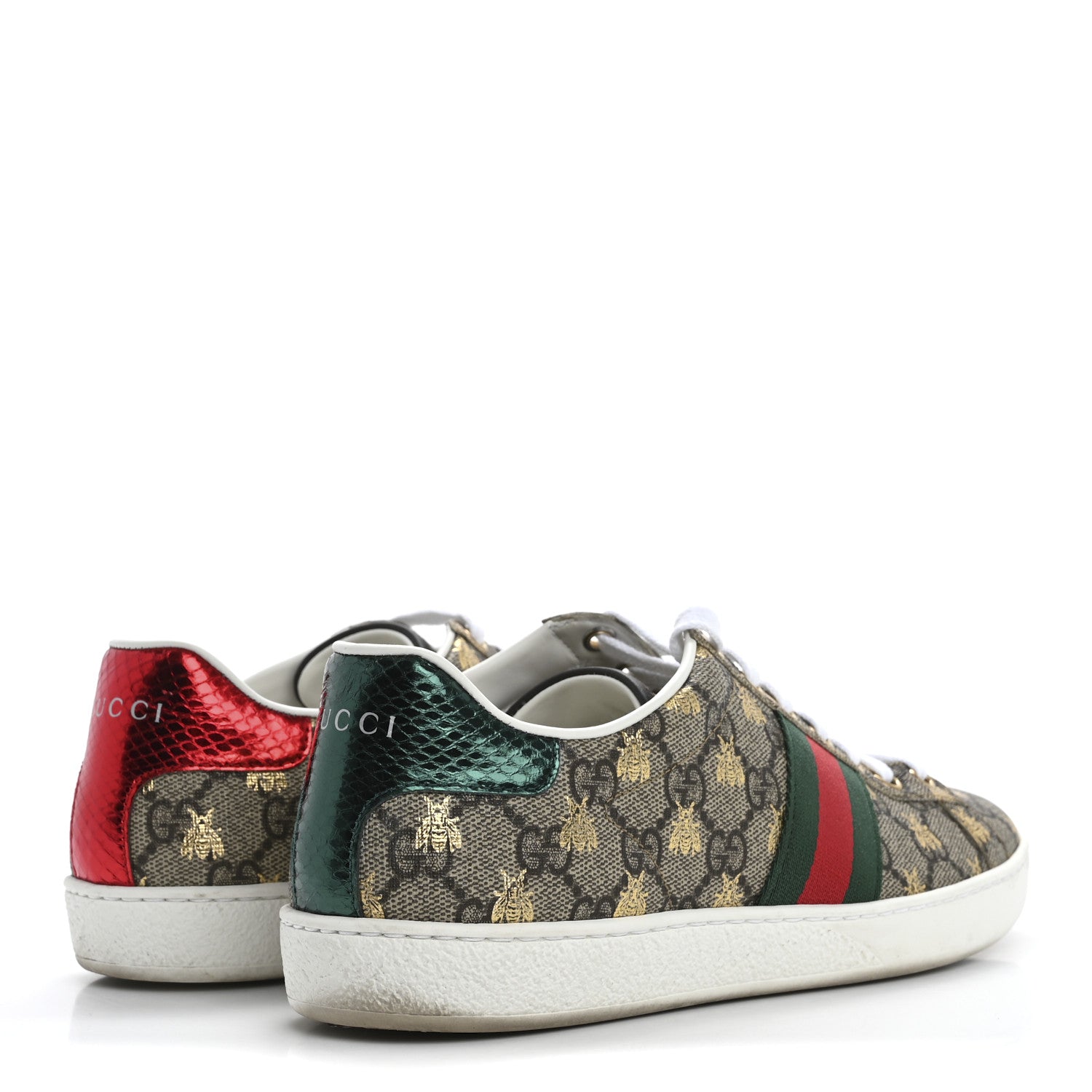 Gucci GG Supreme Monogram Bees Ayers Web Womens Ace Sneakers 38.5 Beige Oro Green Red 5 of 13