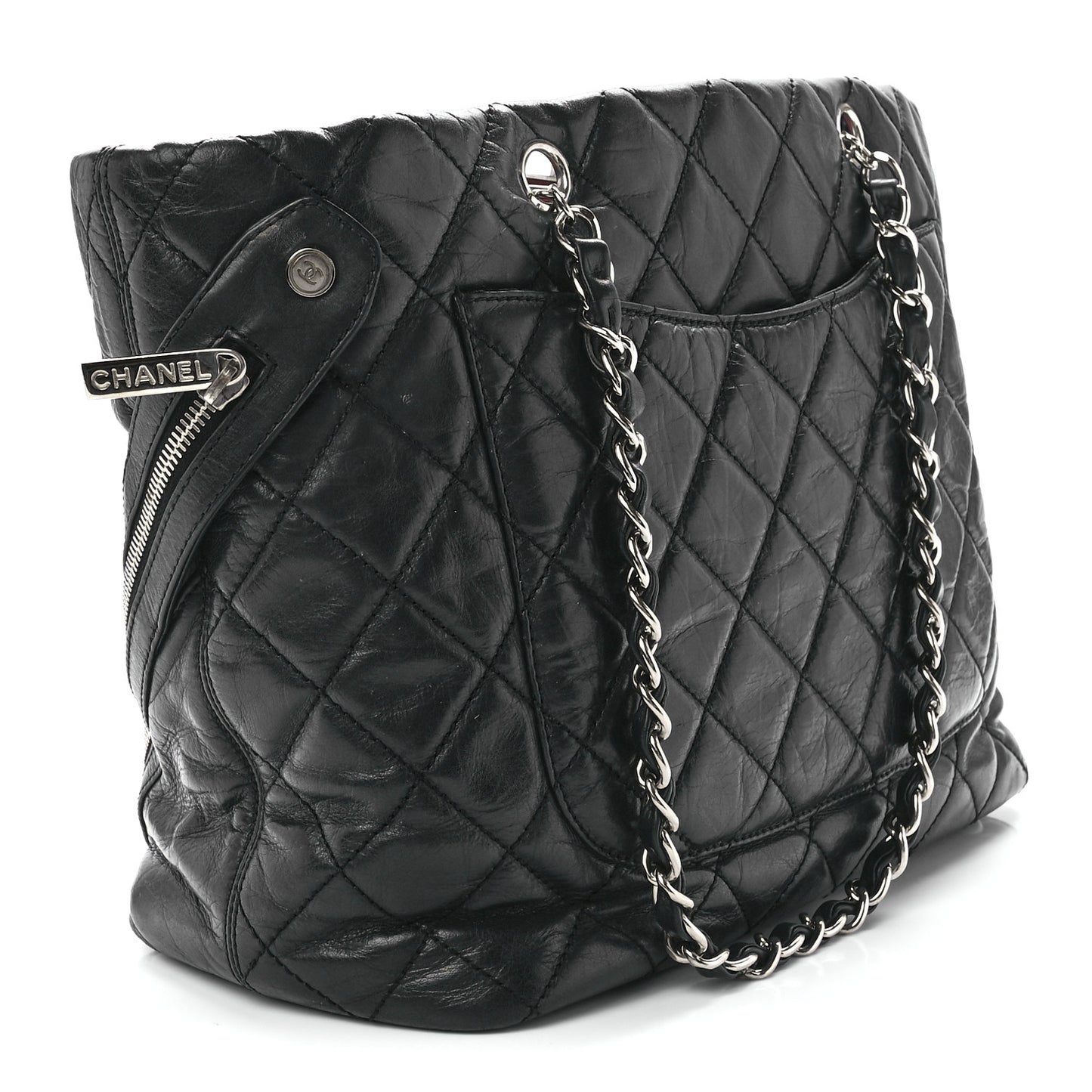 Aged Calfskin Quilted Large Cotton Club Tote Black