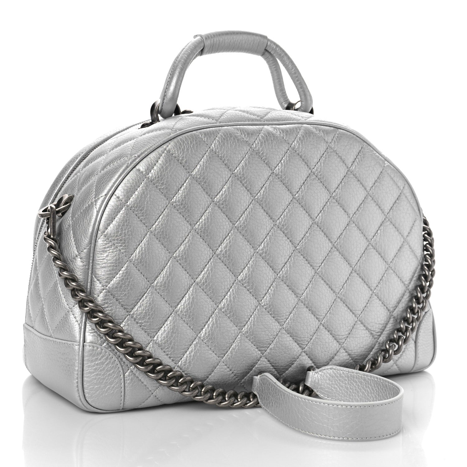 Chanel Metallic Calfskin Quilted Medium Airlines Round Trip Bowling Bag Silver Silver 2 of 9