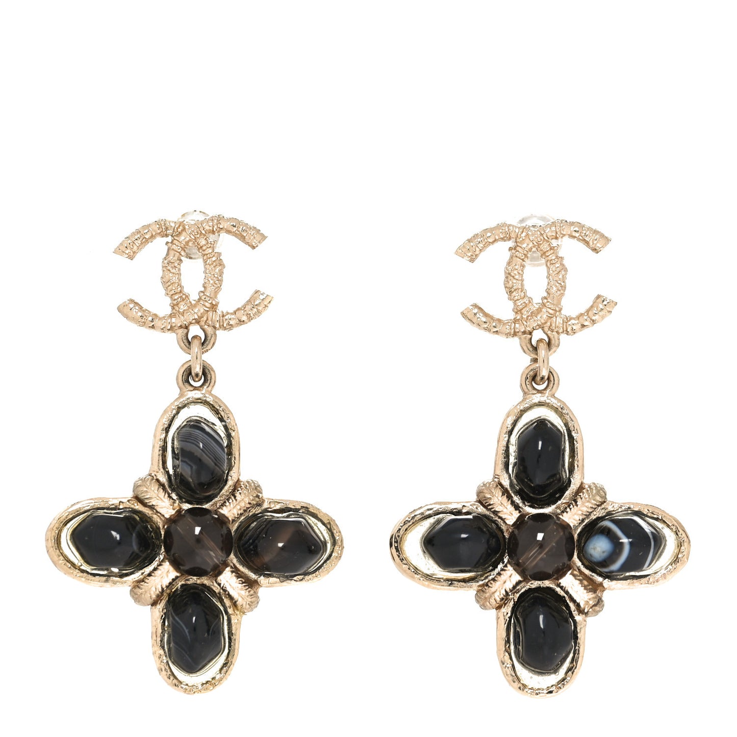 Resin CC Flower Drop Earrings Gold Black