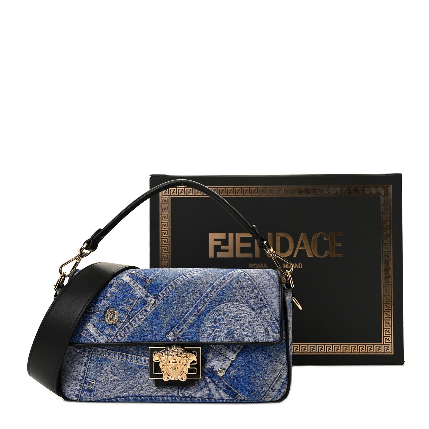 X VERSACE Denim Fendace Patchwork Baguette Blue