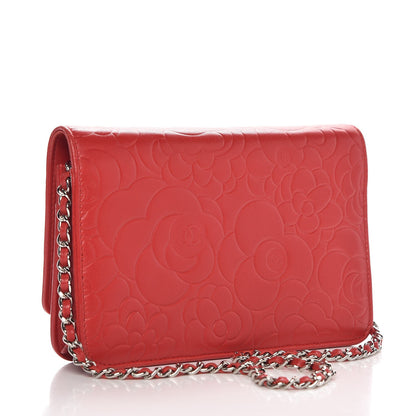 Chanel Lambskin Camellia Embossed Wallet On Chain WOC Red 3 of 9