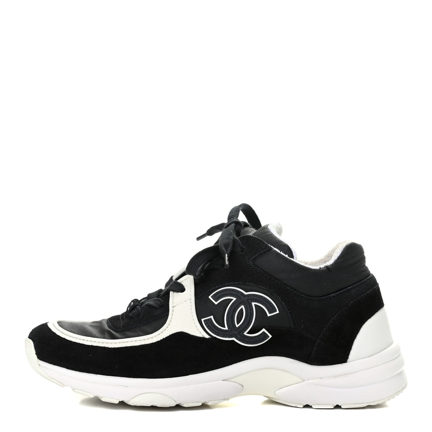 Nylon Calfskin Suede CC Womens Sneakers 38 Black White