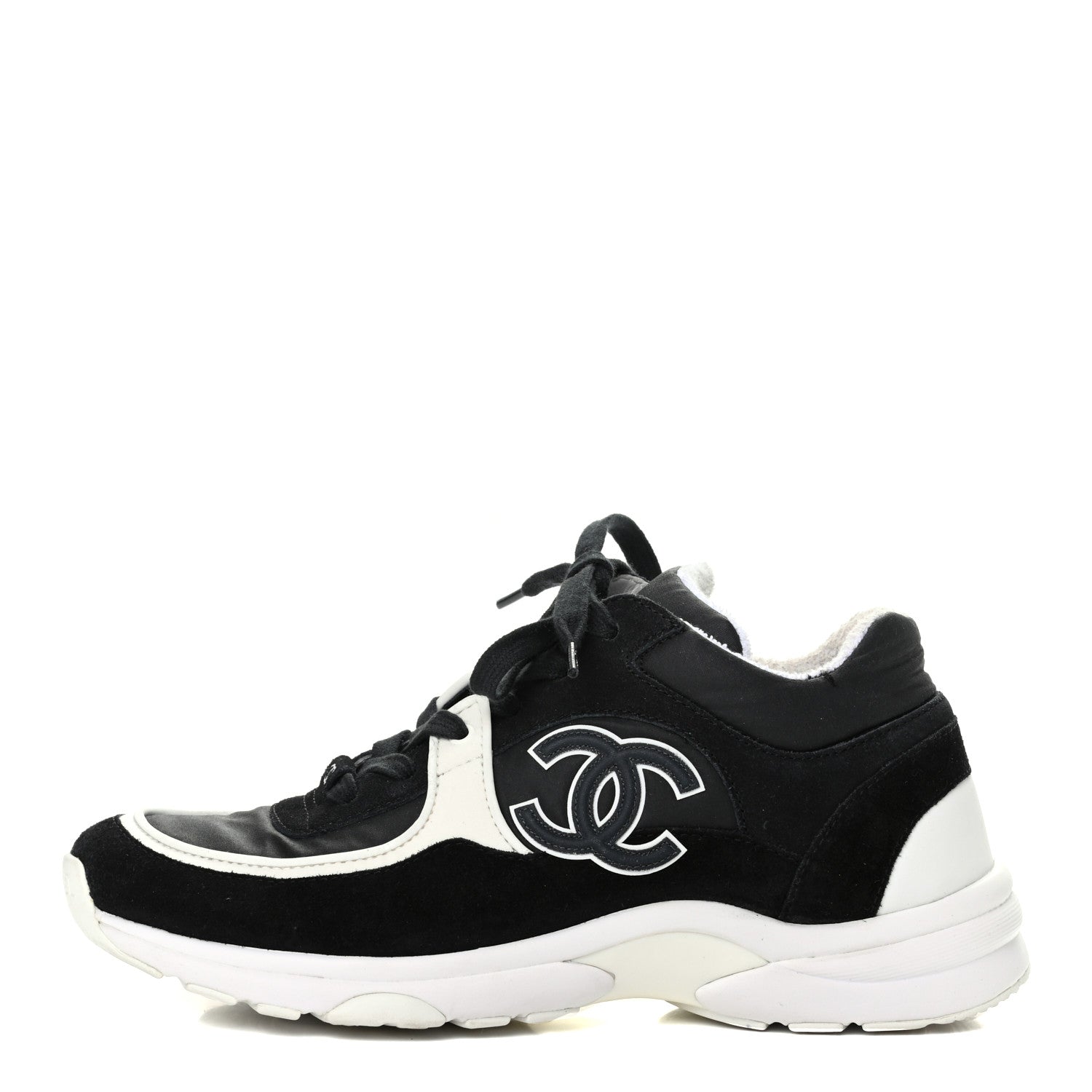 Chanel Nylon Calfskin Suede CC Womens Sneakers 38 Black White 1 of 8