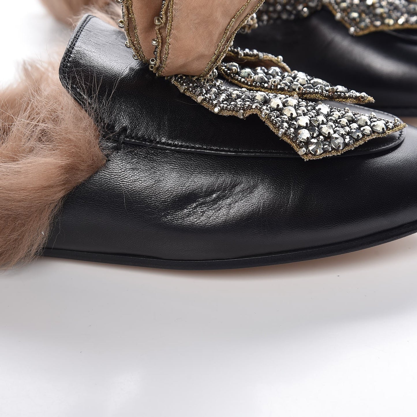 Malaga Kid Fur Crystal Bow Embroidered Womens Princetown Slippers 37 Black