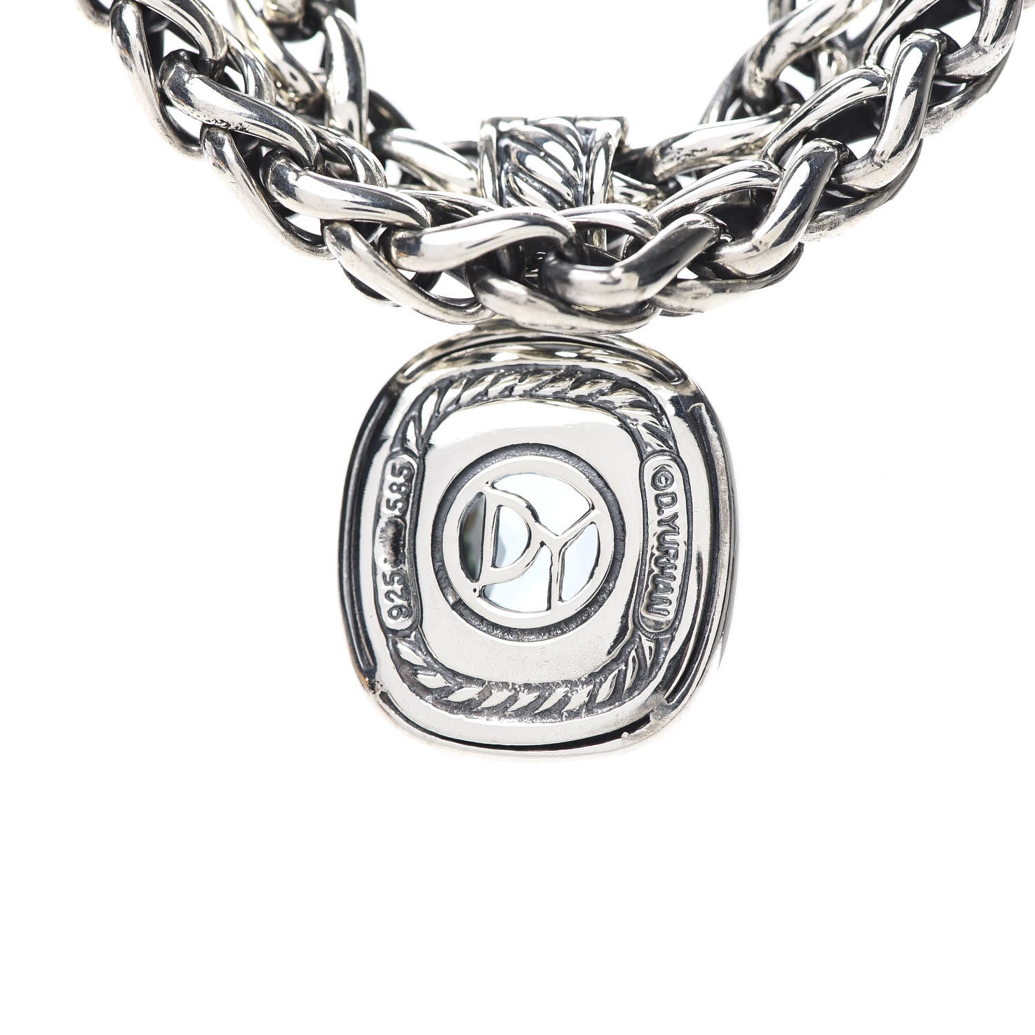 David Yurman Sterling Silver 14K Yellow Gold 14mm Blue Topaz Albion Enhancer Pendant Necklace 4 of 5