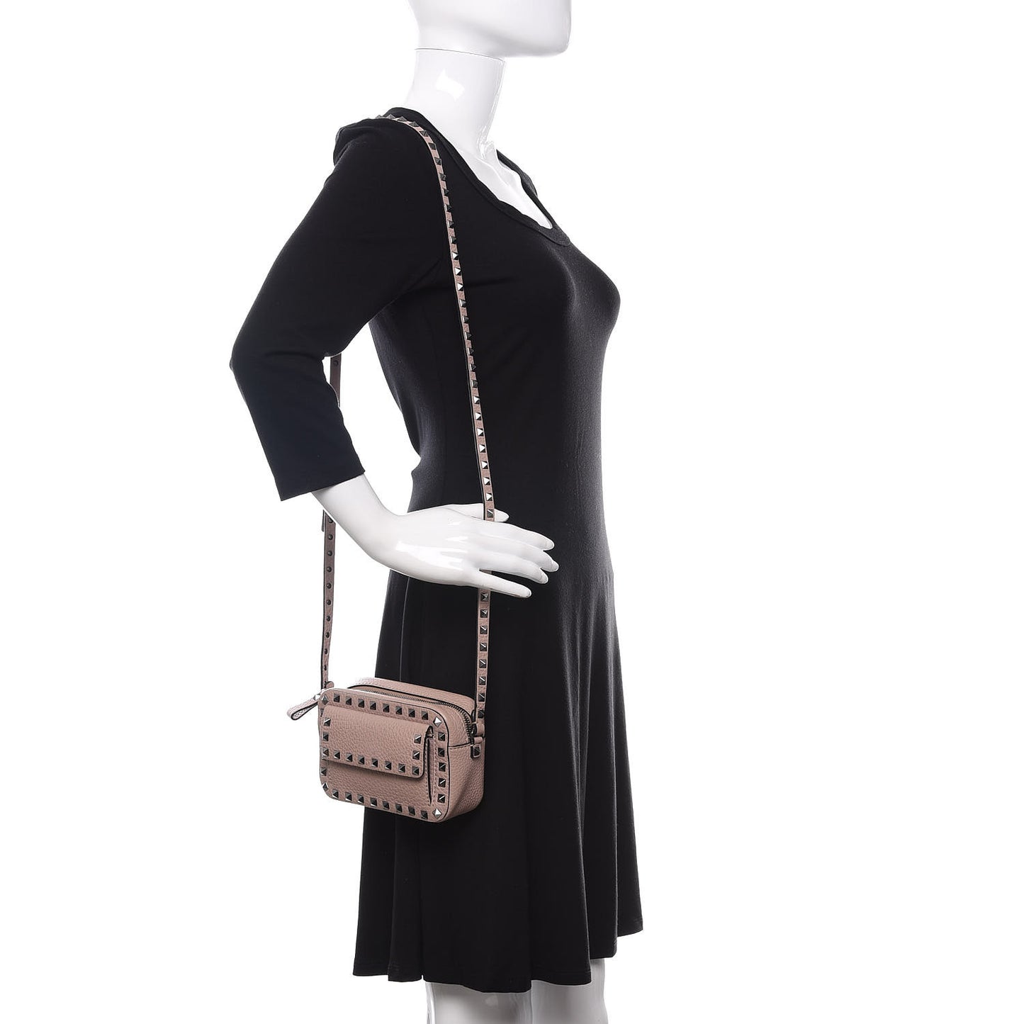 Grained Calfskin Small Rockstud Flap Pocket Camera Crossbody Bag Poudre