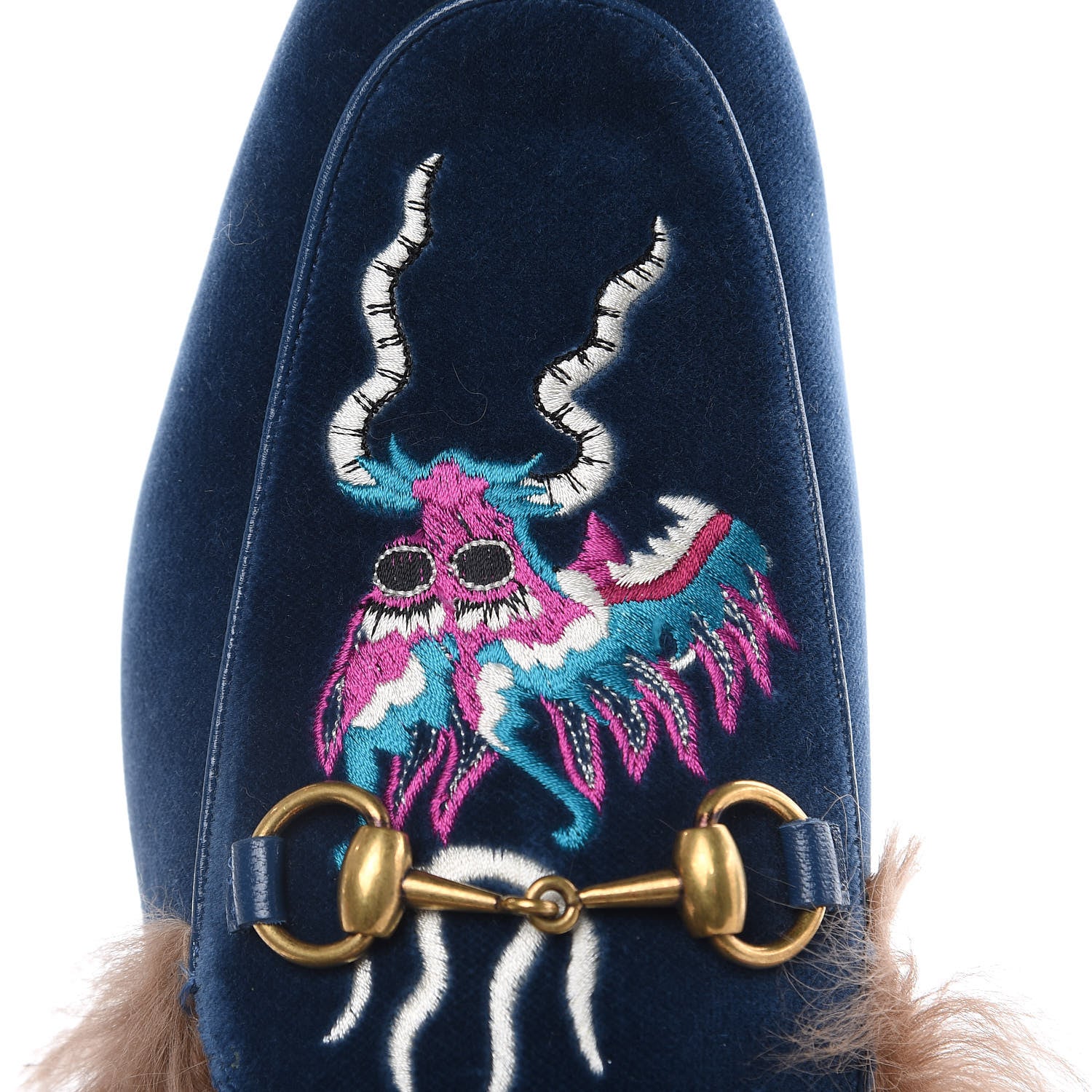 Gucci Velvet Fur Dragon Embroidered Mens Princetown Slippers 6 Zaffre Dark Zaffre 6 of 9