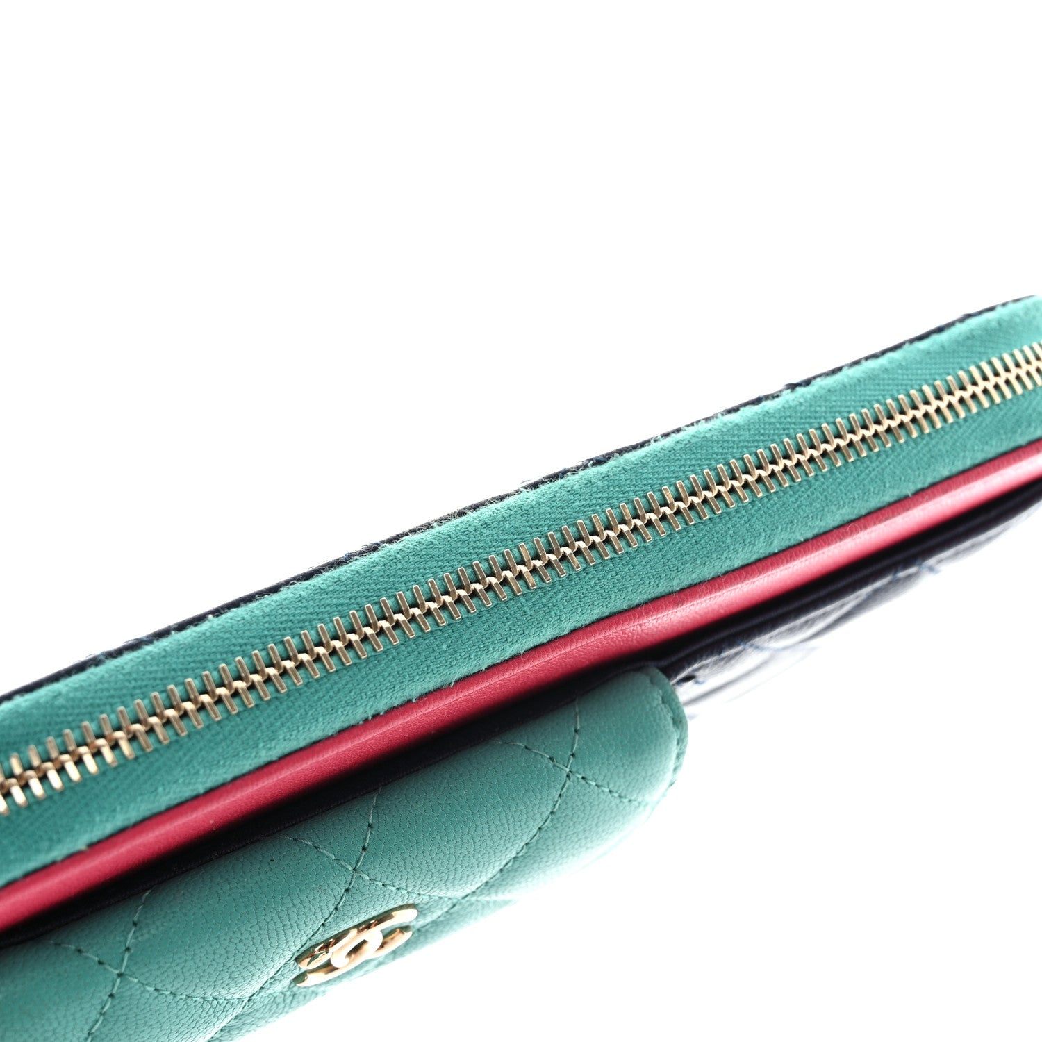 Chanel Goatskin Quilted Tri-Color In & Out Zip Around Wallet Navy Turquoise Pink 12 of 15