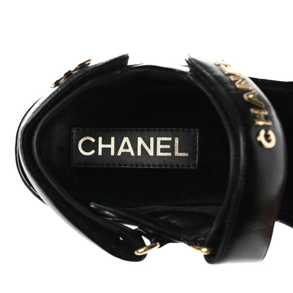 Chanel Shiny Calfskin Logo Platform Sandals 38 Black 7 of 12