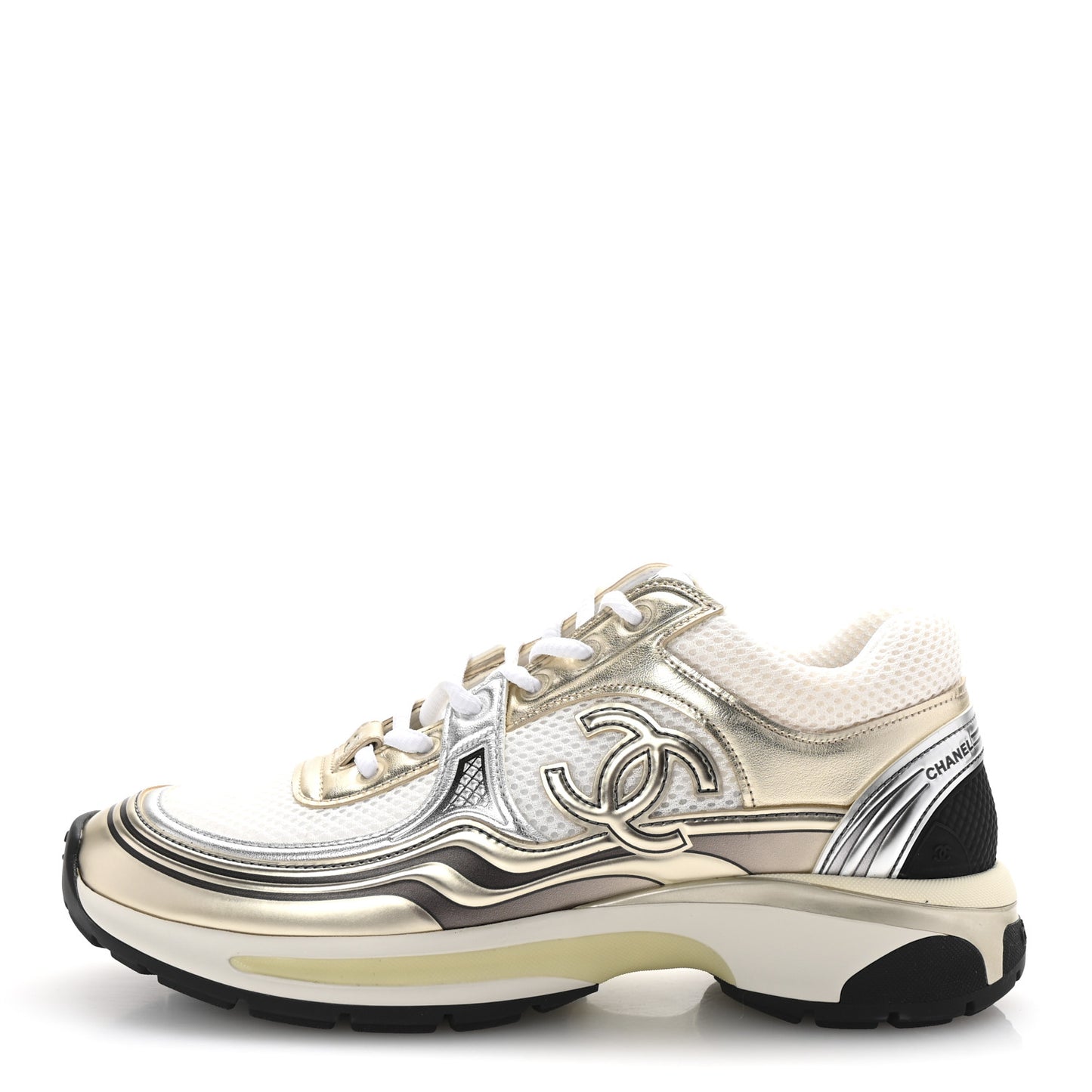 Fabric Laminated Calfskin Stretch CC Womens Sneakers 38.5 White Gold Silver