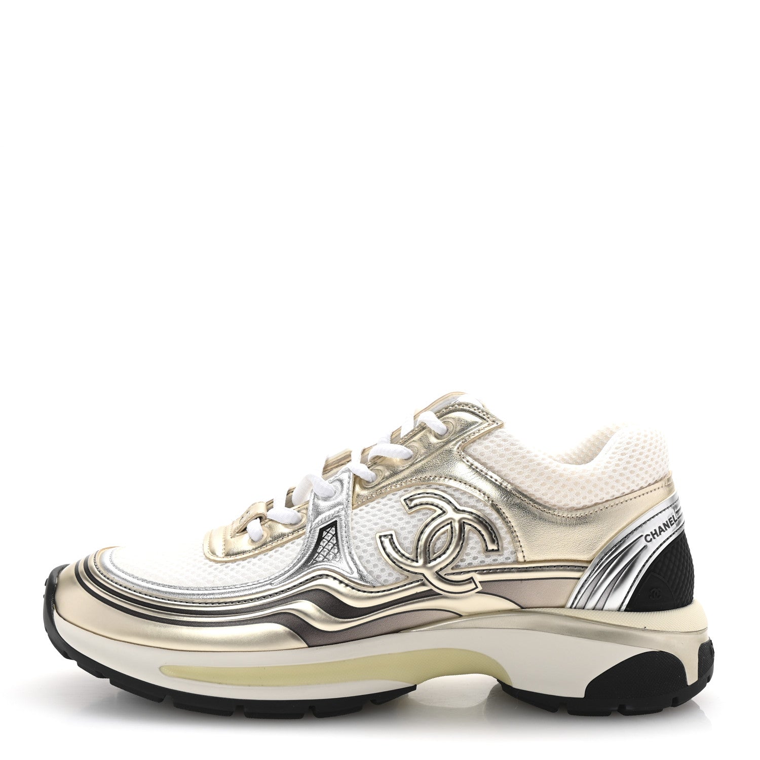 Chanel Fabric Laminated Calfskin Stretch CC Womens Sneakers 38.5 White Gold Silver 1 of 10