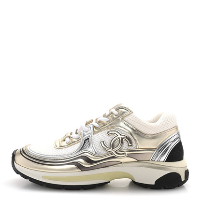 Chanel Fabric Laminated Calfskin Stretch CC Womens Sneakers 38.5 White Gold Silver 1 of 10