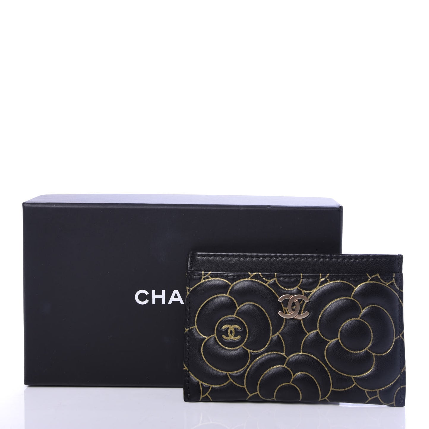 Lambskin Camellia Embossed Card Holder Black Gold