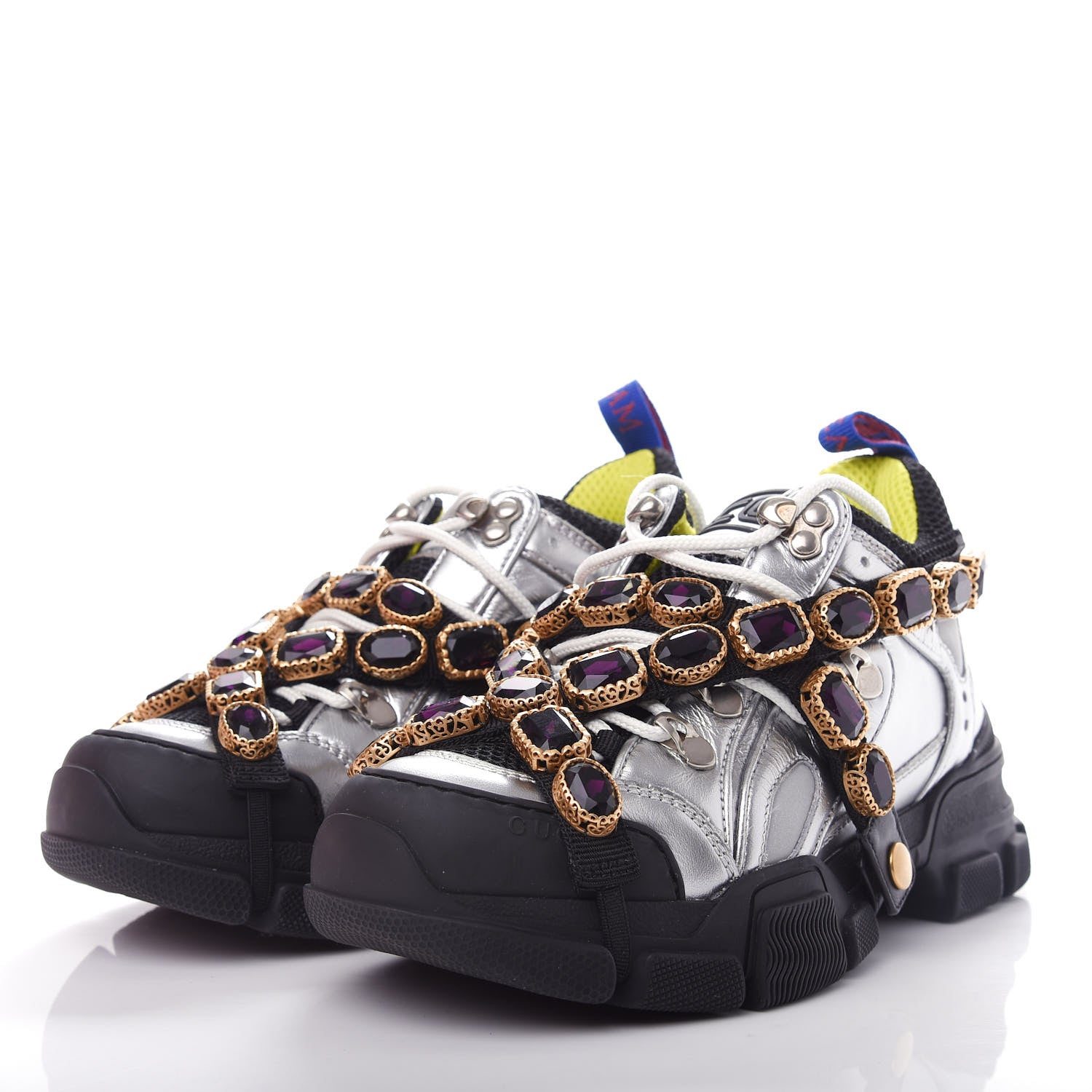 Gucci X SEGA Metallic Calfskin Mesh Removable Crystals Womens Flashtrek Sneakers 35.5 Silver Black 3 of 10