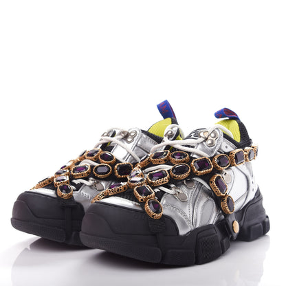 Gucci X SEGA Metallic Calfskin Mesh Removable Crystals Womens Flashtrek Sneakers 35.5 Silver Black 3 of 10
