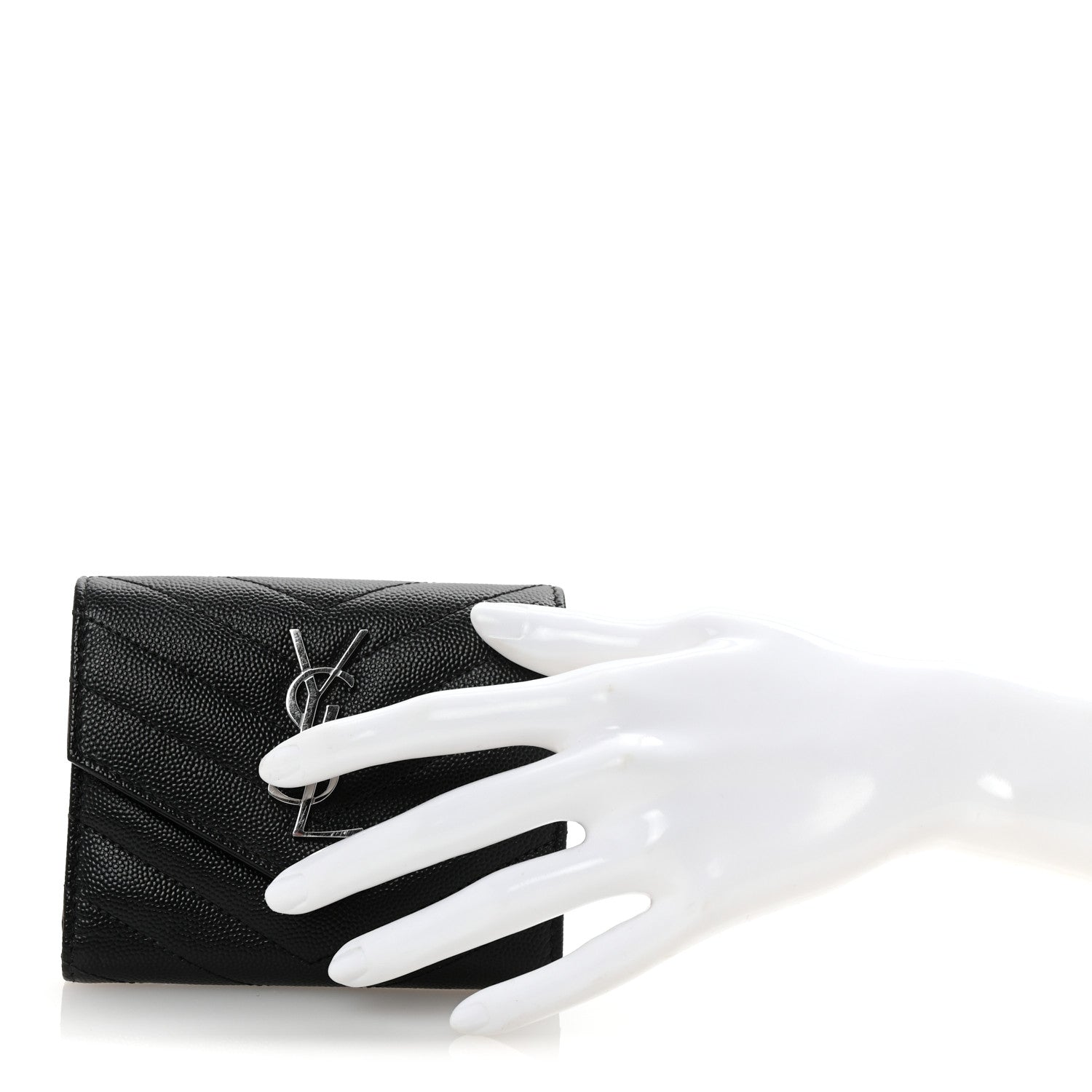 Saint Laurent Grain De Poudre Matelasse Chevron Monogram Compact Tri Fold Wallet Black 2 of 7