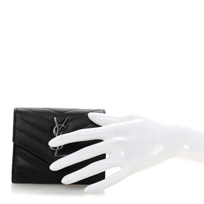 Saint Laurent Grain De Poudre Matelasse Chevron Monogram Compact Tri Fold Wallet Black 2 of 7