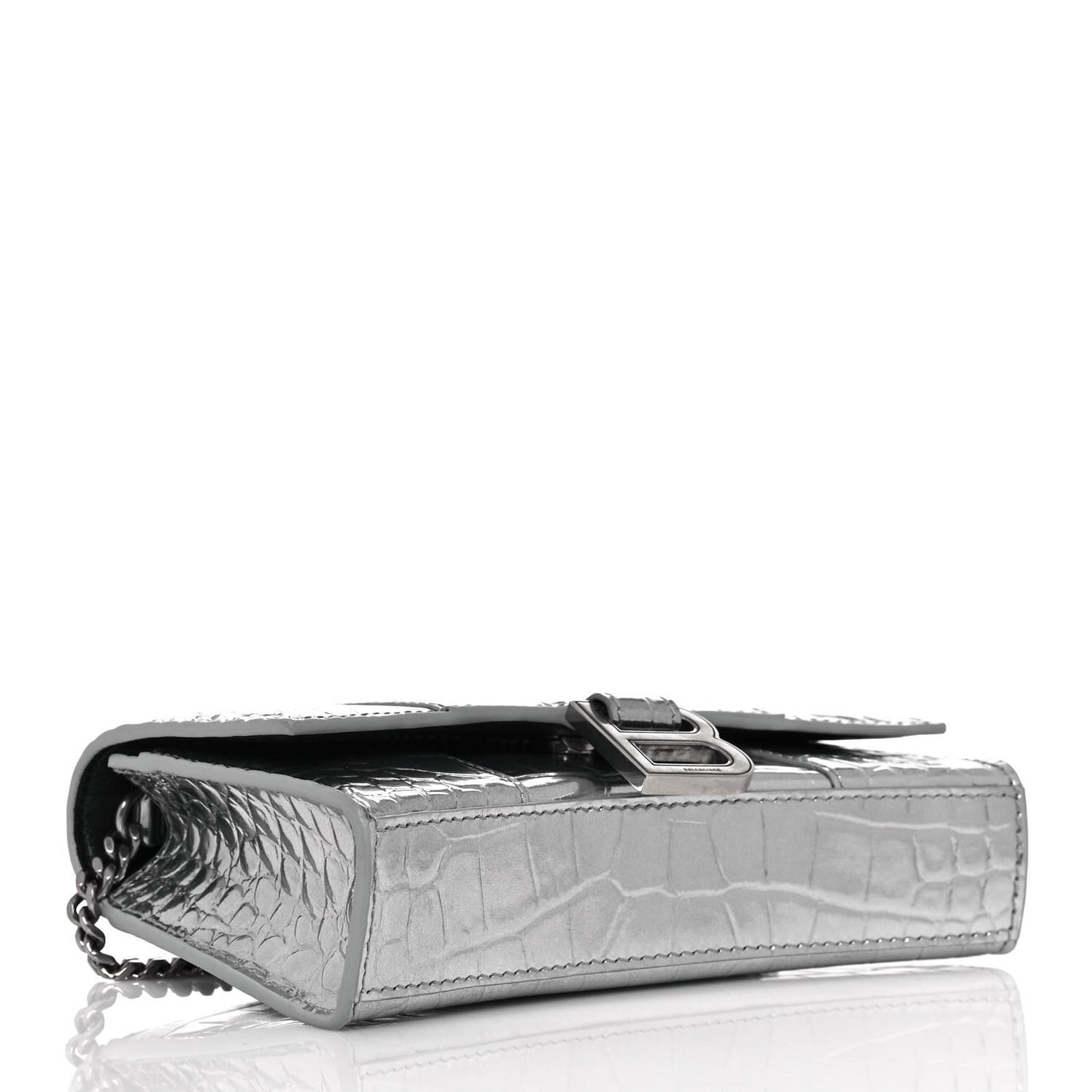 Metallic Calfskin Crocodile Embossed Hourglass Chain Bag Silver