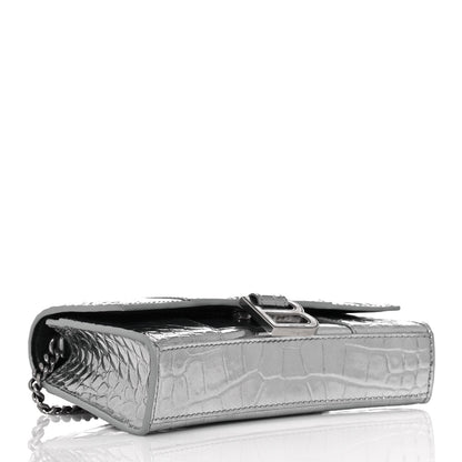 Balenciaga Metallic Calfskin Crocodile Embossed Hourglass Chain Bag Silver 4 of 13