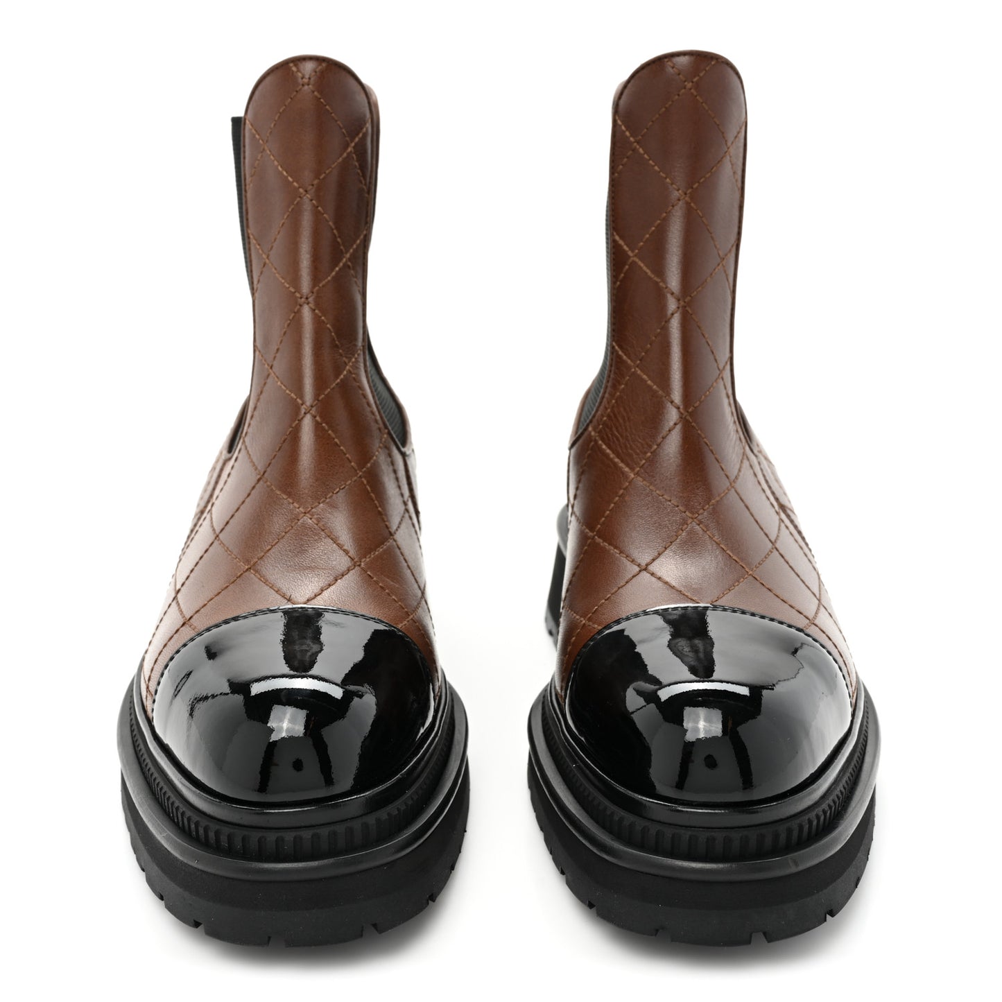 Calfskin Patent Cap Toe Quilted Short Boots 40 Brown Black