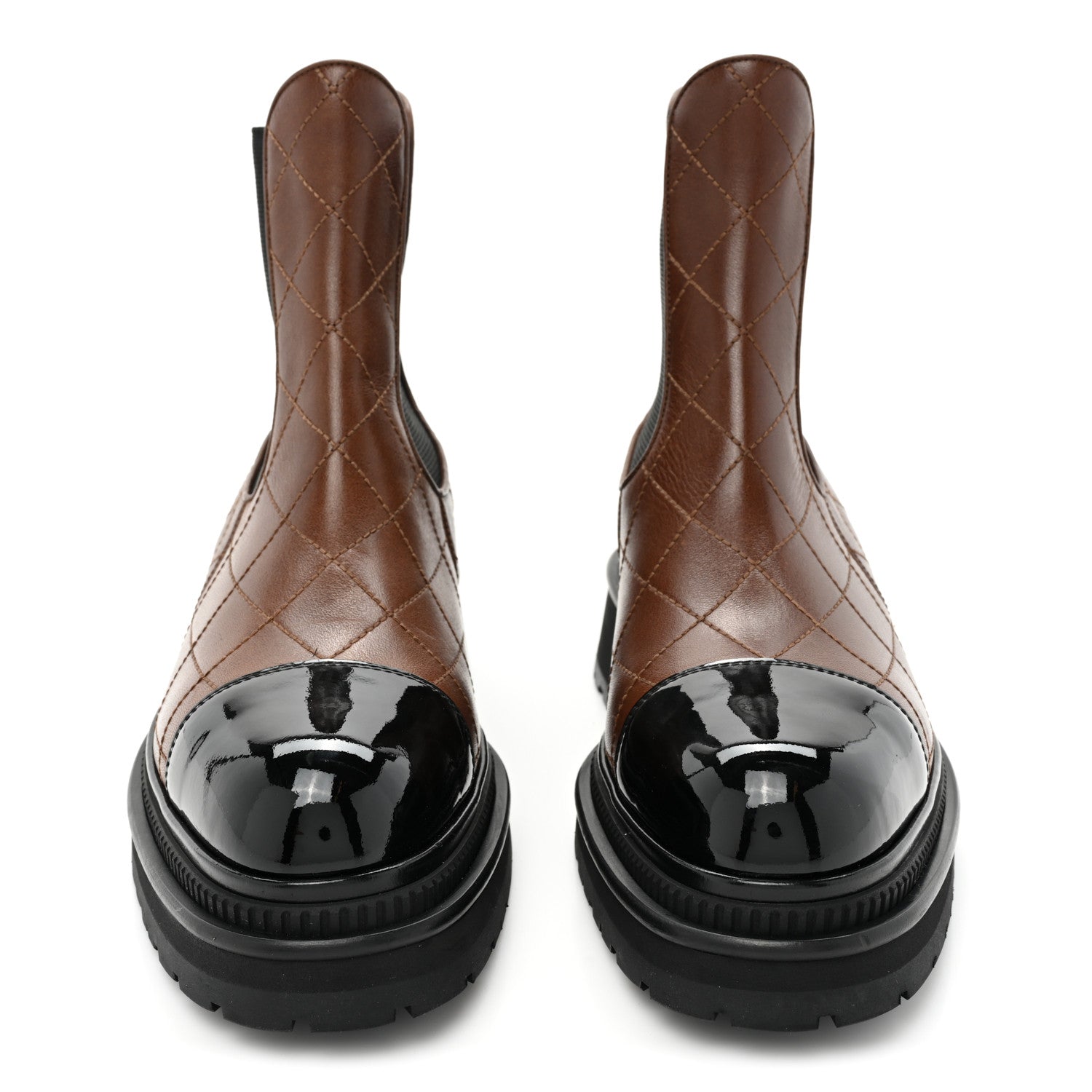 Chanel Calfskin Patent Cap Toe Quilted Short Boots 40 Brown Black 2 of 10