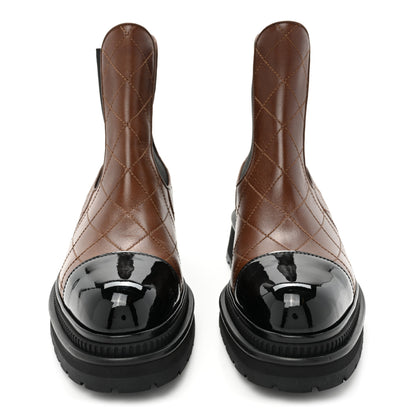 Chanel Calfskin Patent Cap Toe Quilted Short Boots 40 Brown Black 2 of 10