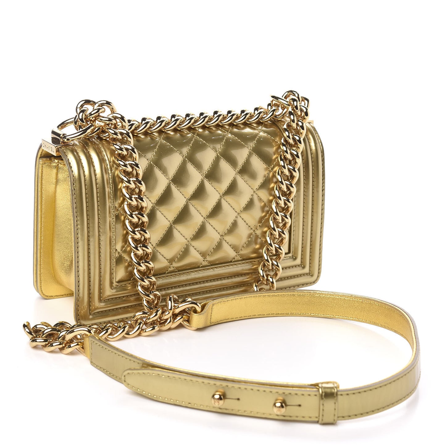 Metallic Patent Calfskin Quilted Small Boy Flap Gold