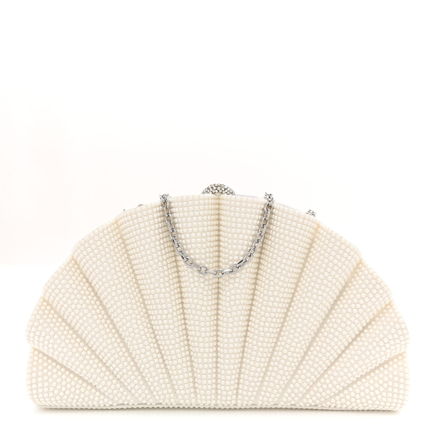 Satin Pearl Embellished Origami Fan Clutch White