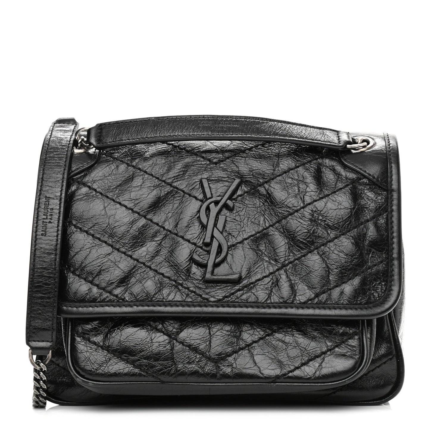 Crinkled Lambskin Matelasse Monogram Baby Niki Chain Satchel Black