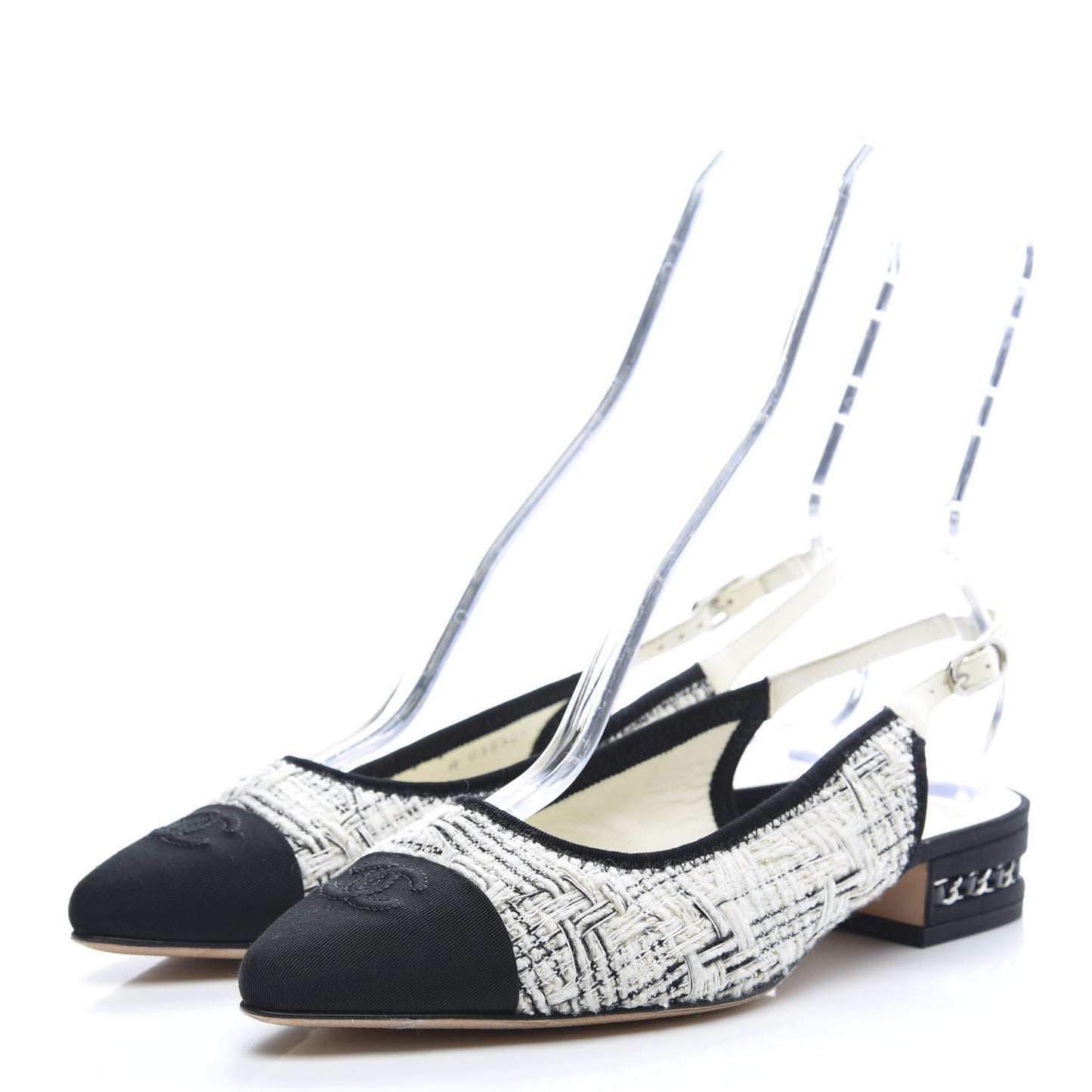 Tweed Cap Toe CC Slingback Flat 38 White Black